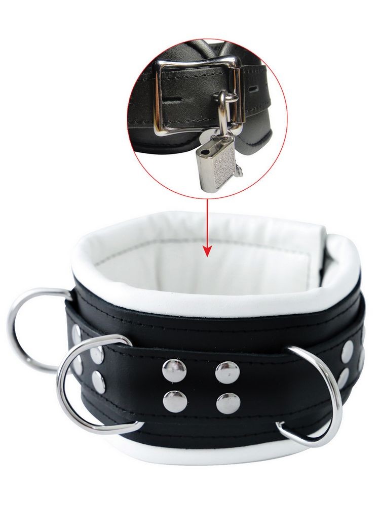 Collier cuir noir et blanc avec 3 anneaux, cadenas inclus