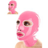 Cagoule latex rose et blanche sur femme et homme
