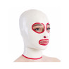 Cagoule latex blanche et rouge sur femme